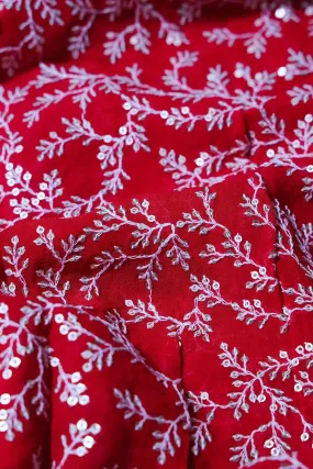 1.70 Meter Cut Piece Of White Thread With Gold Sequins Leafy Embroidery On Red Georgette Fabric