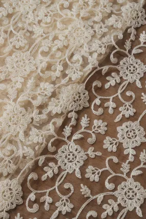 2 Meter Cut Piece Of White Thread Floral Embroidery On Cream Soft Net Fabric