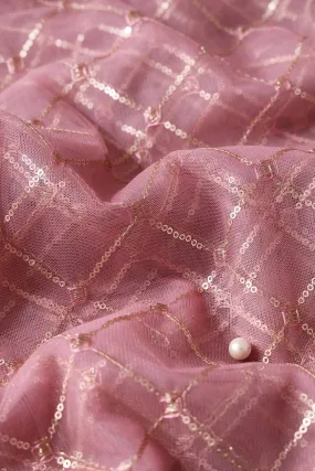 4 Meter Cut Piece Of Gold Sequins With Gold Zari Checks Embroidery On Pink Soft Net Fabric