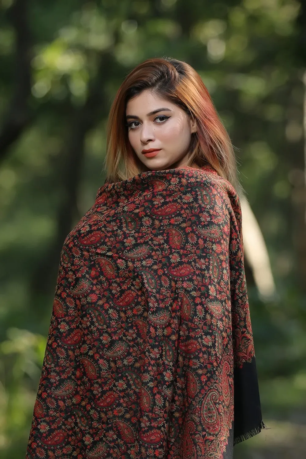 Black Colour Beautiful Kani Shawl And AllOver  Multi color Pattern Creates Innovative Designs