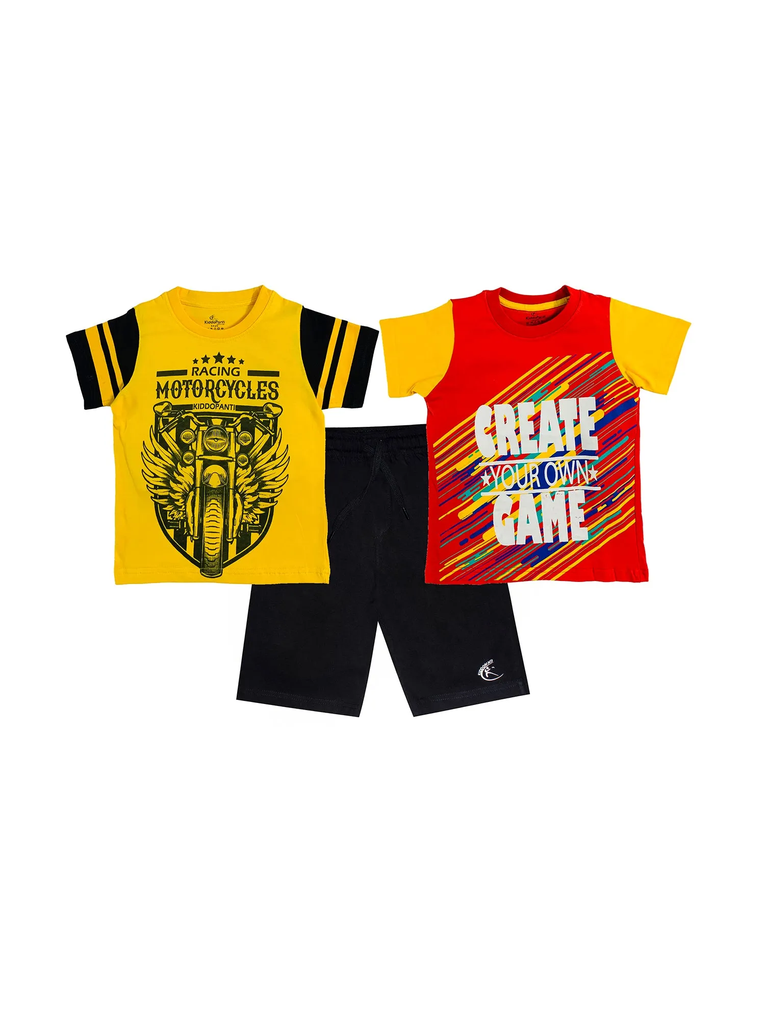 Boys 2 Cotton T-shirts with Print and Knee length Shorts Set