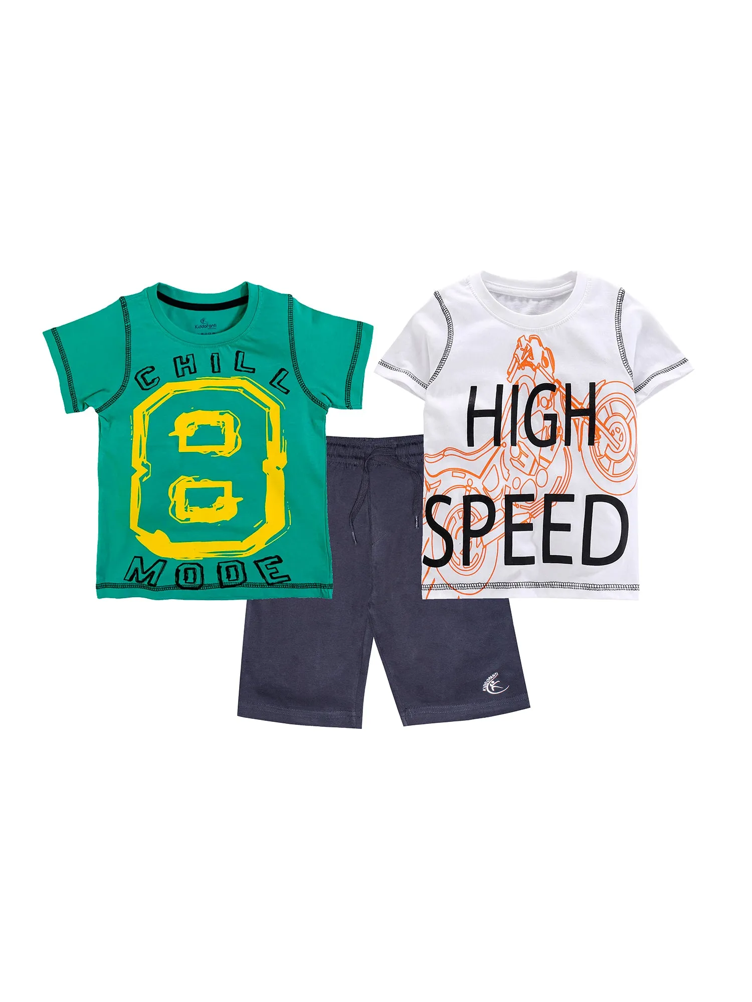 Boys 2 Cotton T-shirts with Print and Knee length Shorts Set