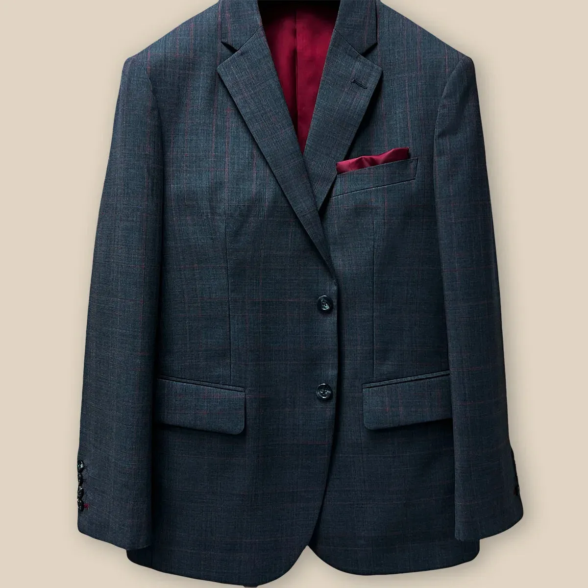 Charcoal Grey with Red Checkered Windowpane Men's Suit