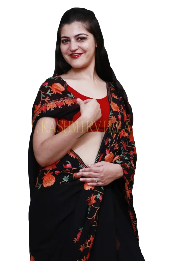 Evergreen Black Colour Saree With Dense Aari Jaal On Pallu And Flowral Motifs.