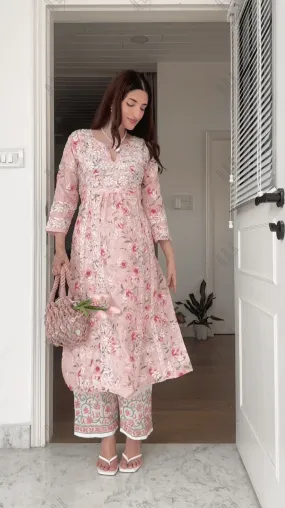 Farheen in Chikankari Long Kurta in Muslin Cotton for Women- Pink Print