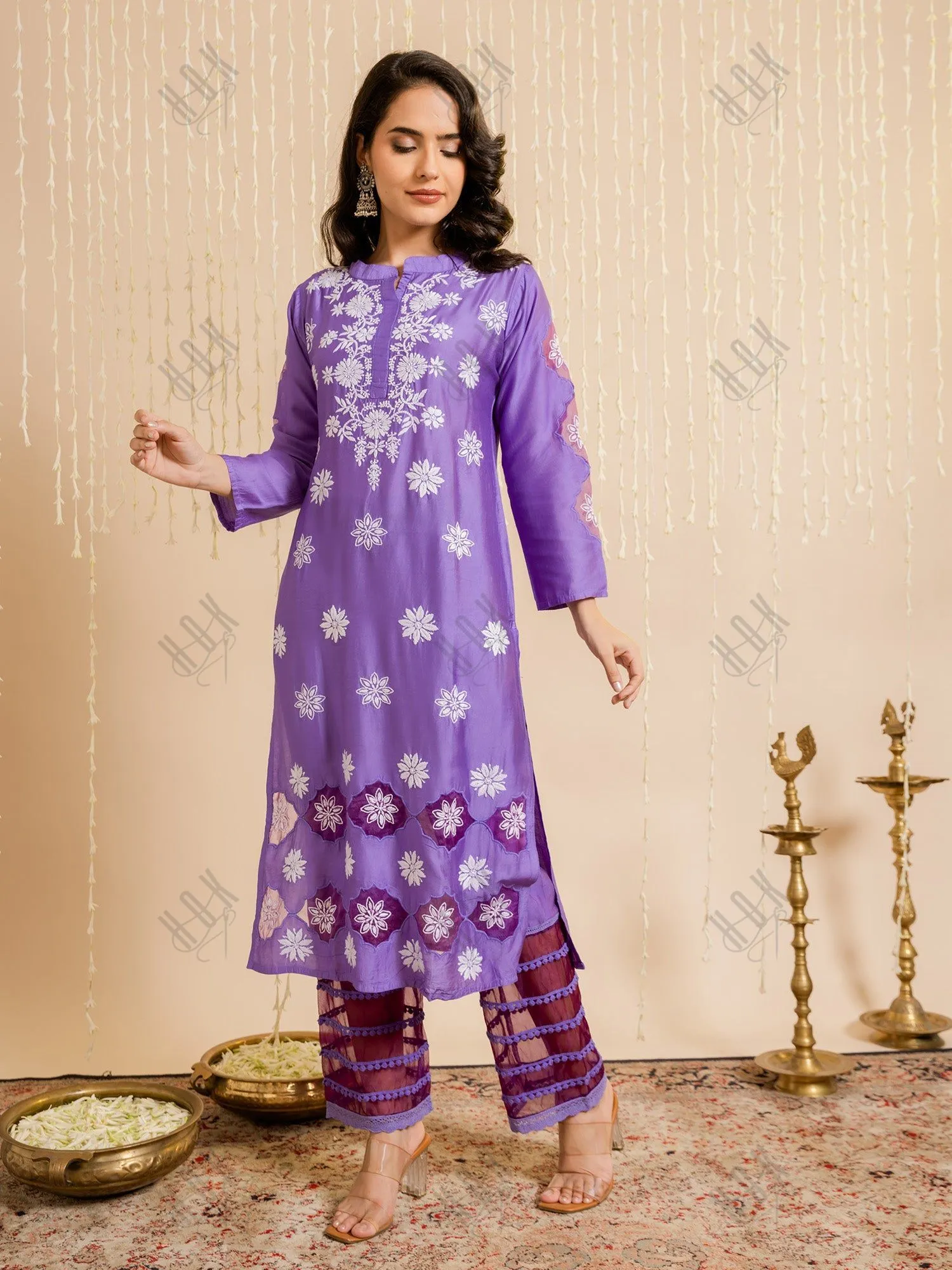 Fizaa Purple Chikankari Chanderi Silk Kurta