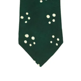 Green self-tipped silk tie, white Adire cross dot pattern