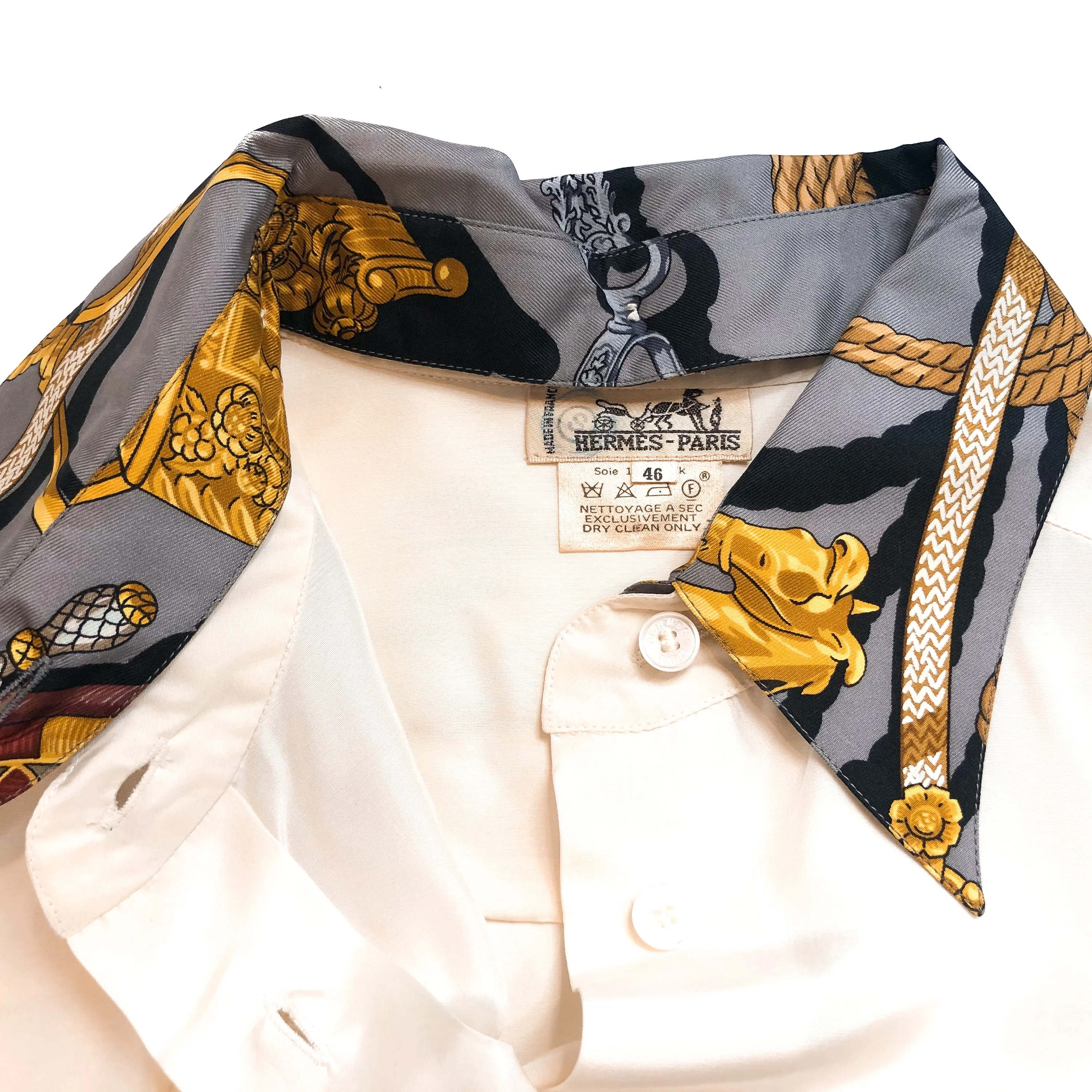 Hermes Silk Blouse/Shirt with Memoire d'Hermes w/Detachable Collar, Cuffs & Cufflinks