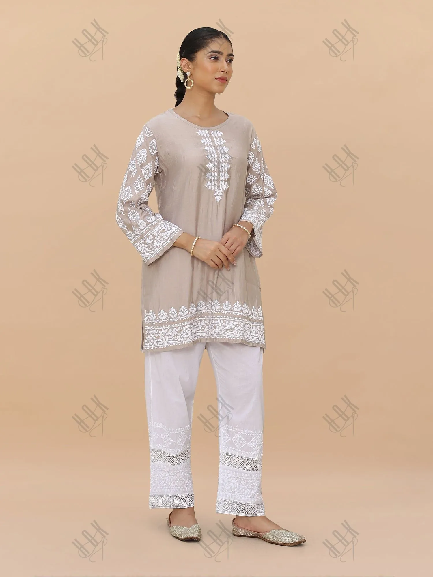 Kaashwi in Saba Chikankari Short kurta in Modal Silk  - Beige