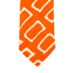 Orange untipped cotton tie, white Adire rectangular pattern