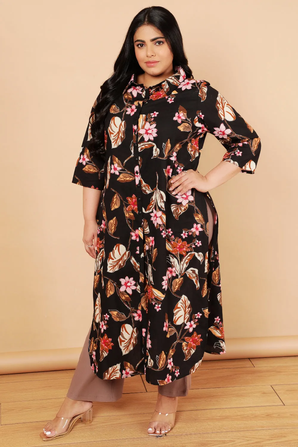 Plus Size Black Floral Print Cotton Kurta Shrug