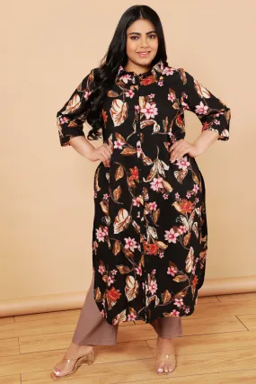 Plus Size Black Floral Print Cotton Kurta Shrug