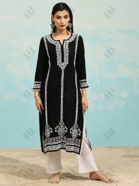 Samma Chikankari Long Kurta in Rayon Cotton for Women- Black With White