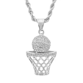 SteelTime Men's 18K Silver Plated Stainless Steel Basketball Hoop Chain Pendant Necklace